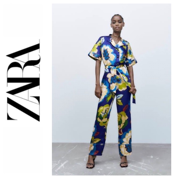 Zara Pants - NWT Zara Floral Print Satin Effect Collared Short Sleeve Belted Jumpsuit, Medium